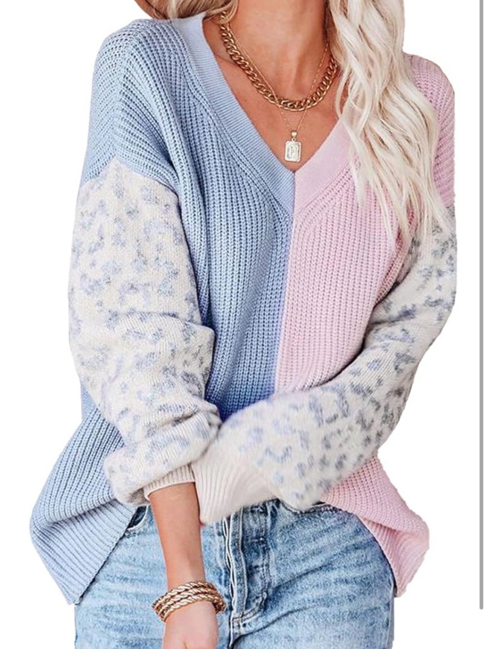 Colorblock V-Neck Knit Sweater - Pastel Blue & Pink